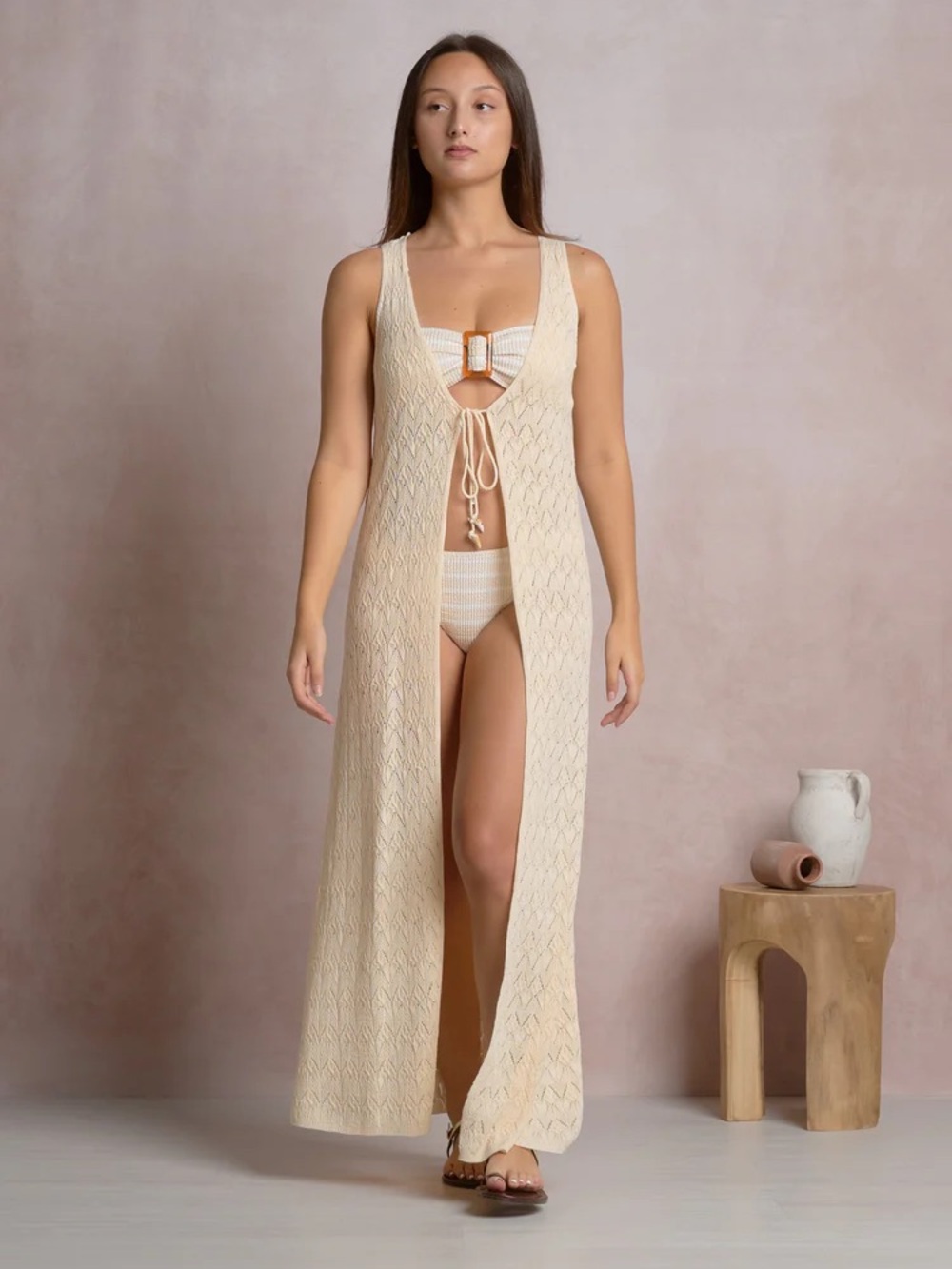 Cream Crochet Open-Front Maxi Swim Coverup